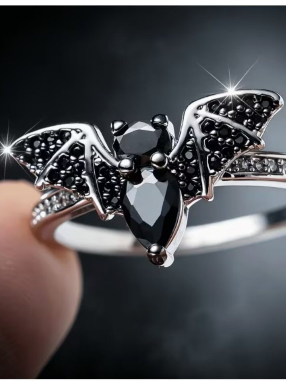Bat Shaped Ring Inlaid Black Sparkling Synthetic Cubic Synthetic Zirconia Size 9